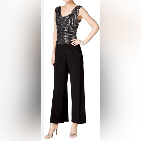 R&M Richards Black Silver CowlNeck Ruched Jumpsuit Wide Leg Sz 8 - Picture 1 of 11